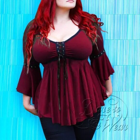 Dare To Wear Fashion Gothic Bell Sleeve Lace Up Renaissance and Victorian Top - Picture 2 of 3